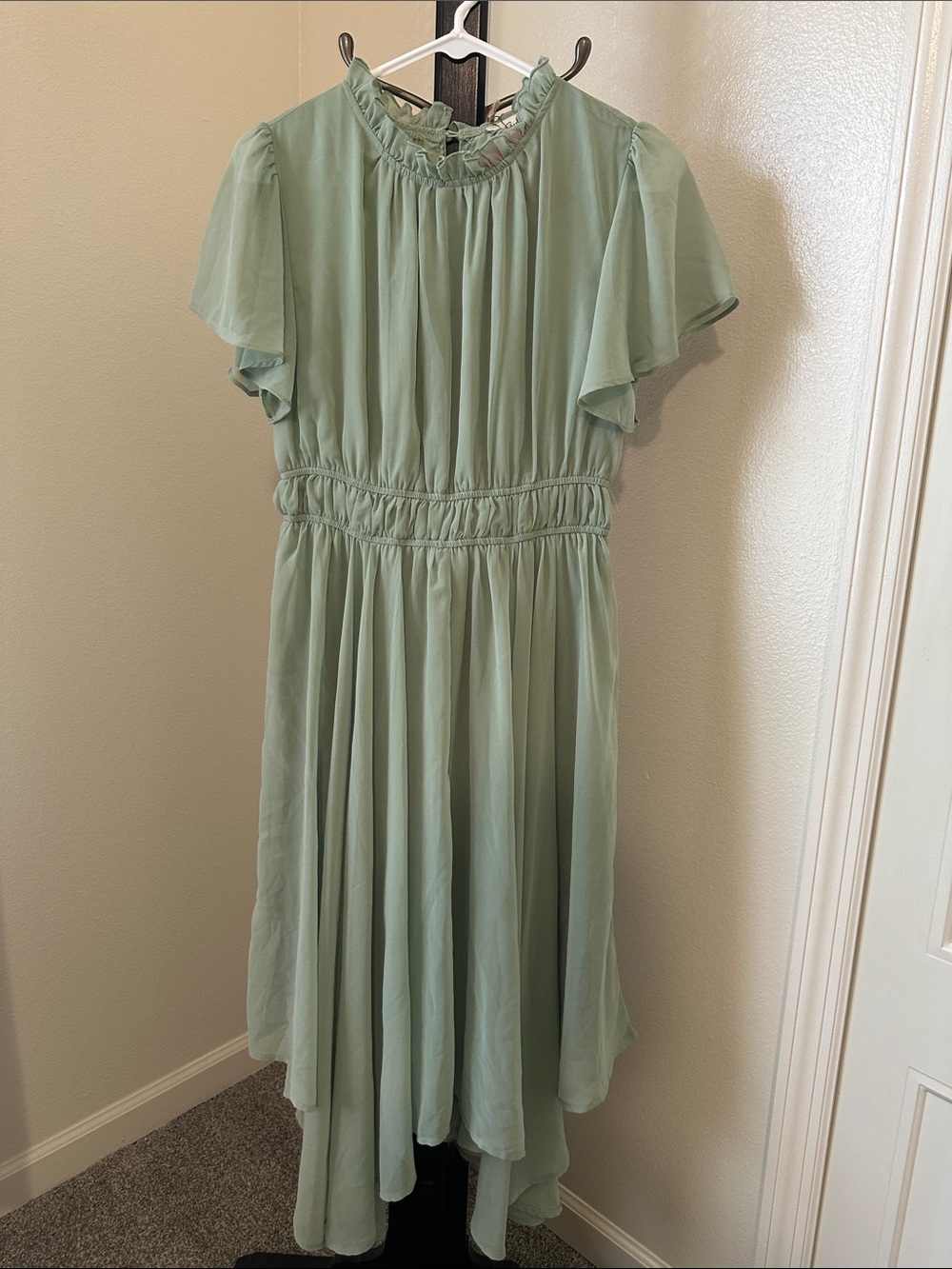 Light Sage Green Ruffled Waist Midi Dress